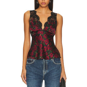 Cami NYC Black and Red Floral Lace Trim Top